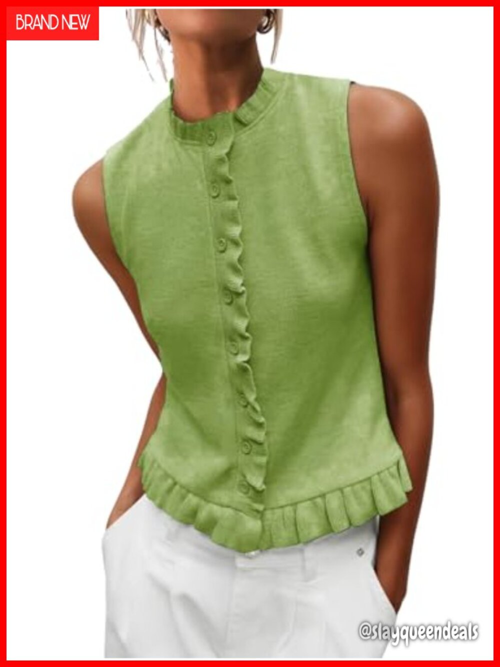Sleeveless Sweater Vest Mockneck Button Down Ruffle Knit Tank Top